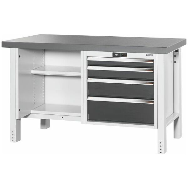 Workbench, left side open, right side 4 drawers, Eluplan worktop, dark 1500 mm