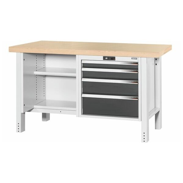 Workbench, left side open, right side 4 drawers, Beech marine ply worktop 1500 mm