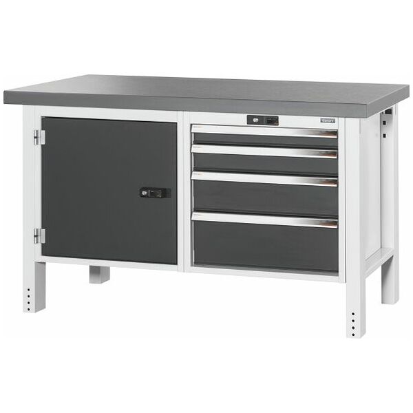 Workbench, left side cupboard, right side 4 drawers, Eluplan worktop, dark 1500 mm
