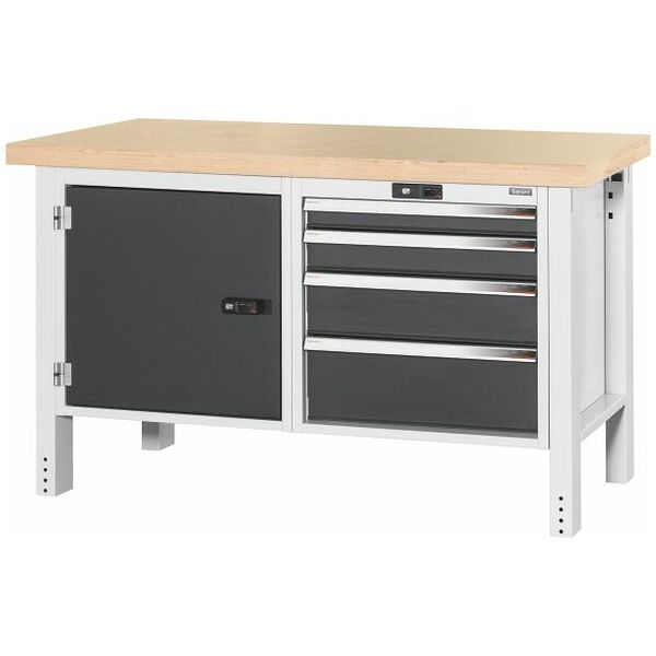 Workbench, left side cupboard, right side 4 drawers, Beech marine ply worktop 1500 mm