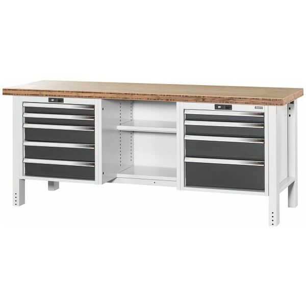 Workbench, left side 5 drawers, centre open, right side 4 drawers, Bamboo worktop 2000 mm