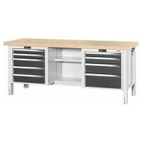 Workbench, left side 5 drawers, centre open, right side 4 drawers, Beech marine ply worktop 20×20G