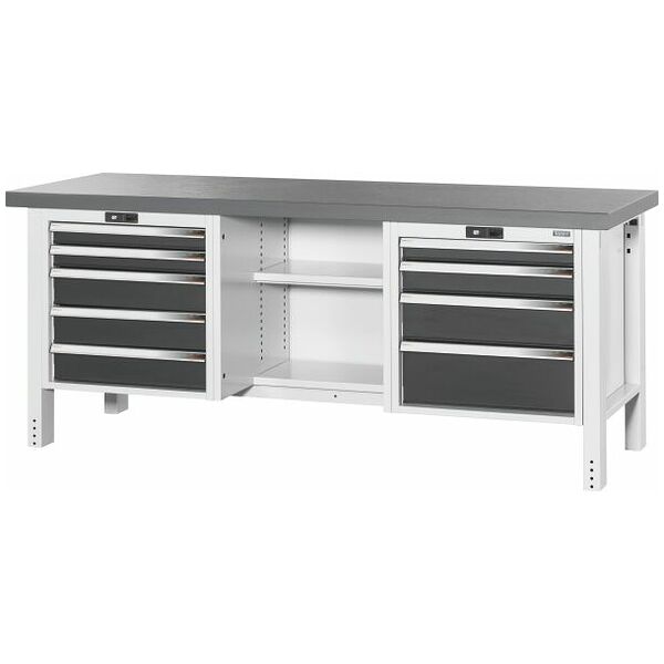 Workbench, left side 5 drawers, centre open, right side 4 drawers, Eluplan worktop, dark 2000 mm