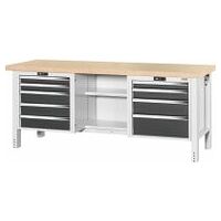 Workbench, left side 5 drawers, centre open, right side 4 drawers, Beech marine ply worktop 20×20G