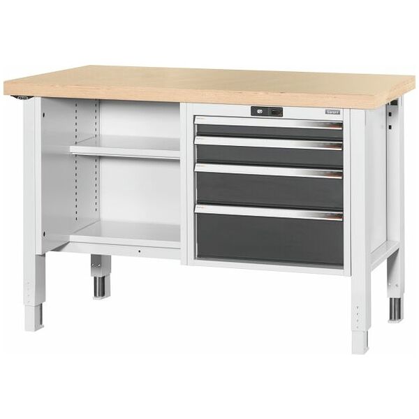 Workbench, left side open, right side 4 drawers, Beech marine ply worktop 1500/DE mm