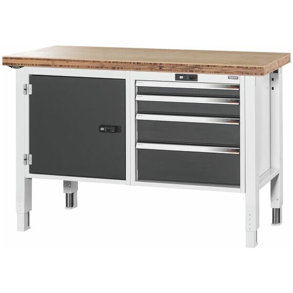 Workbench, left side cupboard, right side 4 drawers, Bamboo worktop 1500/DE mm