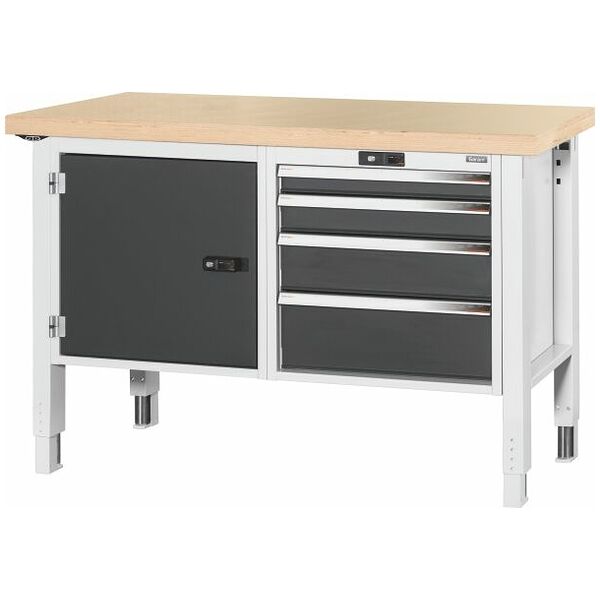 Workbench, left side cupboard, right side 4 drawers, Beech marine ply worktop 1500/DE mm