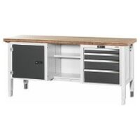 Workbench with electric height adjustment, left side cupboard, centre open, right side 4 drawers, Bamboo worktop 2000/DE mm