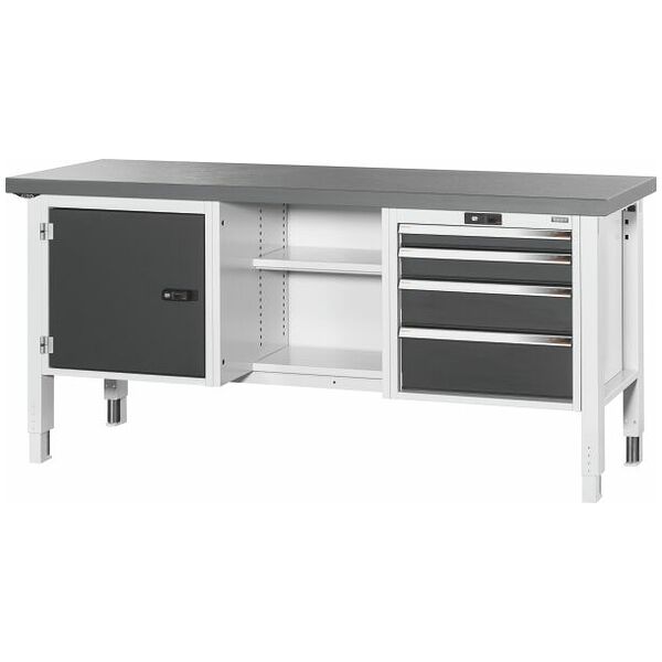 Workbench with electric height adjustment, left side cupboard, centre open, right side 4 drawers, Eluplan worktop, dark 2000/DE mm
