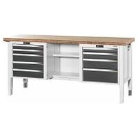 Workbench with electric height adjustment, left side 5 drawers, centre open, right side 4 drawers, Bamboo worktop 2000/DE mm