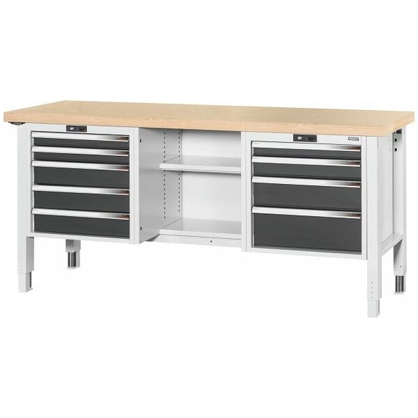 Workbench with electric height adjustment, left side 5 drawers, centre open, right side 4 drawers, Beech marine ply worktop 2000/DE mm