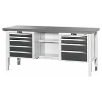 Workbench with electric height adjustment, left side 5 drawers, centre open, right side 4 drawers, Eluplan worktop, dark 2000/DE mm