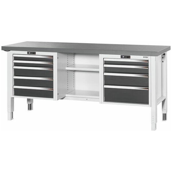 Workbench with electric height adjustment, left side 5 drawers, centre open, right side 4 drawers, Eluplan worktop, dark 2000/DE mm