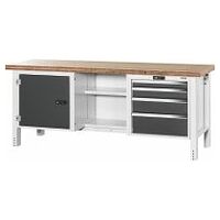 Workbench, left side cupboard, centre open, right side 4 drawers, Bamboo worktop 20×20G