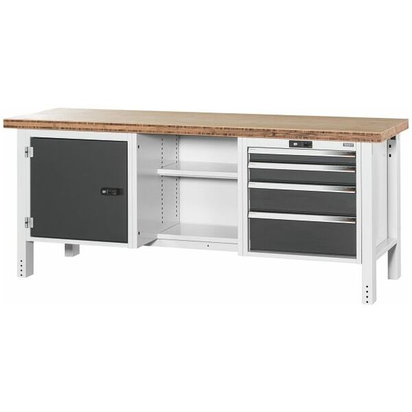 Workbench, left side cupboard, centre open, right side 4 drawers, Bamboo worktop 2000 mm