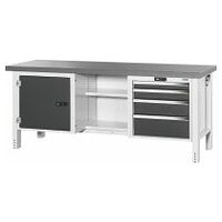 Workbench, left side cupboard, centre open, right side 4 drawers, Eluplan worktop, dark 20×20G