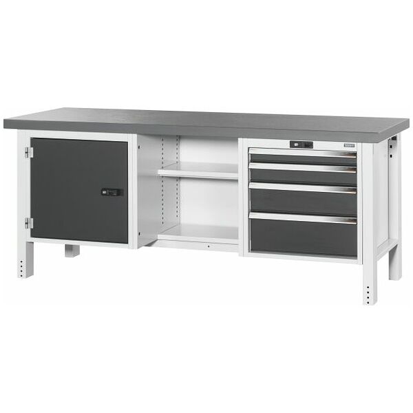 Workbench, left side cupboard, centre open, right side 4 drawers, Eluplan worktop, dark 2000 mm
