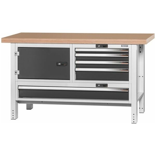 Workbench, left side cupboard, right side 4 drawers, wide drawer, Beech marine ply worktop 1500 mm