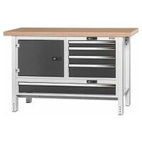 Workbench, left side cupboard, right side 4 drawers, wide drawer, Beech marine ply worktop 20×20G