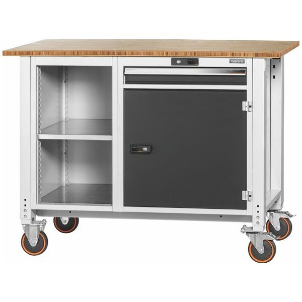 Workbench, mobile, left side open, right side cupboard and drawer, height 950mm, Bamboo worktop 1250 mm