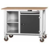 Workbench, mobile, left side open, right side cupboard and drawer, height 950mm, Beech marine ply worktop 20×20G