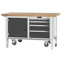 Workbench, mobile, with electric height adjustment, cable, left side cupboard, right side 4 drawers, Bamboo worktop 1500/DE mm