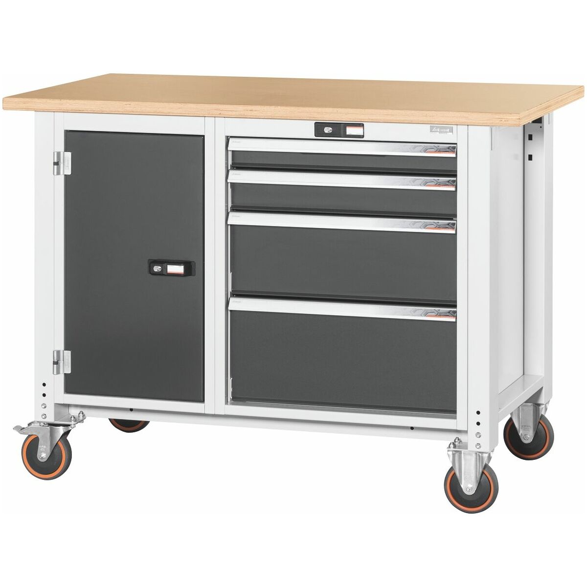 Workbench, mobile, left side cupboard, right side 4 drawers, Beech marine ply worktop 1250 mm