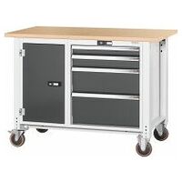 Workbench, mobile, left side cupboard, right side 4 drawers, Beech marine ply worktop 20×20G