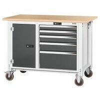 Workbench, mobile, left side cupboard, right side 5 drawers, Beech marine ply worktop 1250 mm