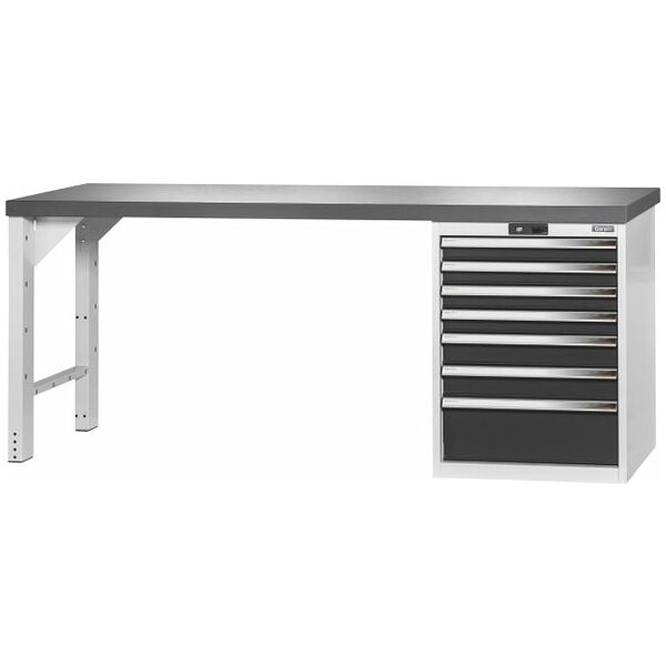 Vario workbench with drawer casing 24G, height 850 mm, Eluplan worktop, dark 2000/7 mm