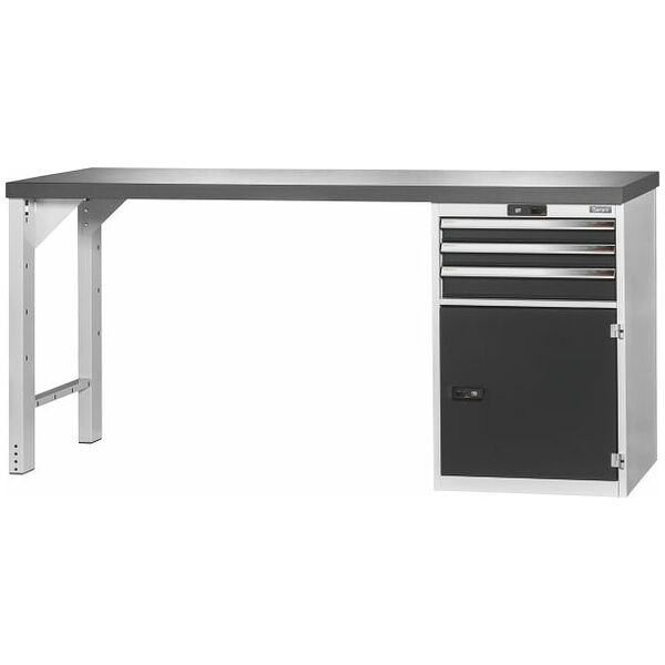Vario workbench with drawer casing 24G, cupboard, height 950 mm, Eluplan worktop, dark 2000/T3 mm