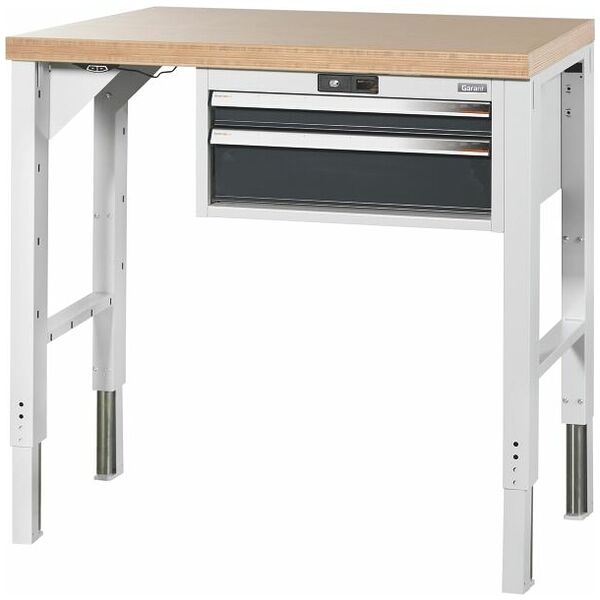 Vario workbench with drawer casing 24G, with electric height adjustment, Beech marine ply worktop 1000/DE mm