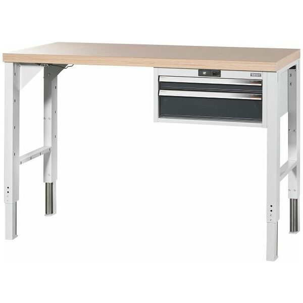 Vario workbench with drawer casing 24G, with electric height adjustment, Beech marine ply worktop 1500/DE mm