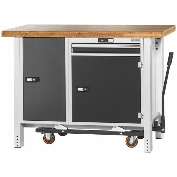 Workbench with undercarriage, with height adjuster and vice, with bamboo worktop 1250 mm