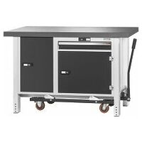 Workbench with undercarriage, with height adjuster and vice, with Eluplan worktop, dark 1250 mm