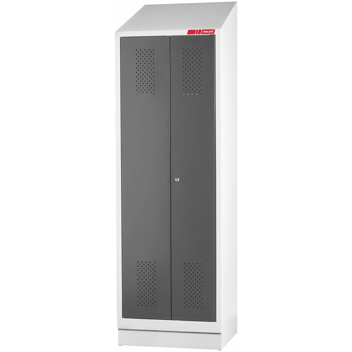 Garment locker with base and sloping roof, for black-white separation and DOM cylinder lock