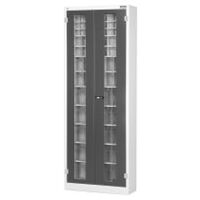 Storage cabinet with viewing window swing doors