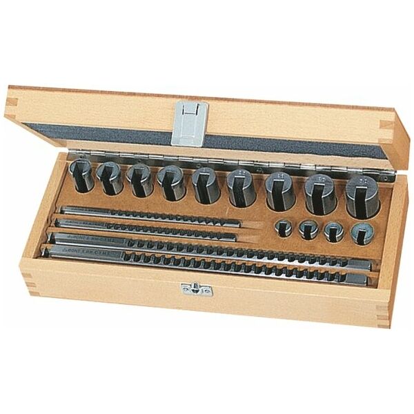 Push broach set HSS, complete in a wooden case Fit JS9 4-8