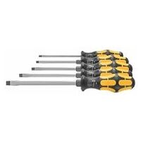 Screwdriver set for slot-head, with Kraftform handle and impact cap