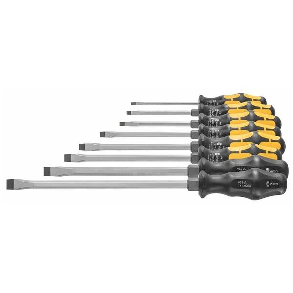 Screwdriver set for slot-head, with Kraftform handle and impact cap 8
