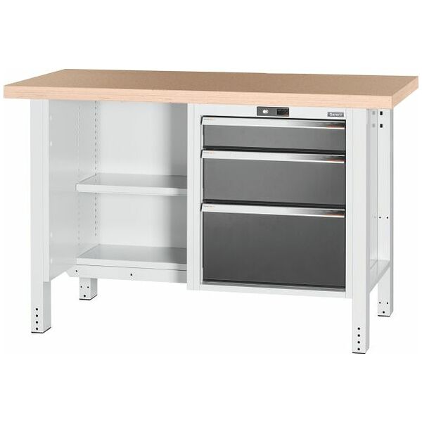 Workbench, left side open, right side 3 drawers, Beech marine ply worktop 1500 mm