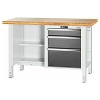Workbench, left side open, right side 3 drawers, Bamboo worktop 1500 mm