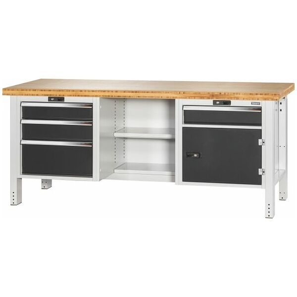Workbench, left side 3 drawers, centre open, right side door and 1 drawer, Bamboo worktop 2000 mm