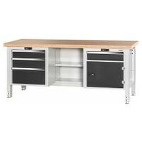 Workbench, left side 3 drawers, centre open, right side door and 1 drawer, Beech marine ply worktop 2000 mm