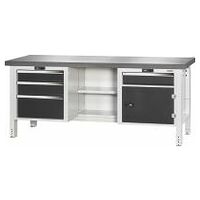 Workbench, left side 3 drawers, centre open, right side door and 1 drawer, Eluplan worktop, dark 2000 mm