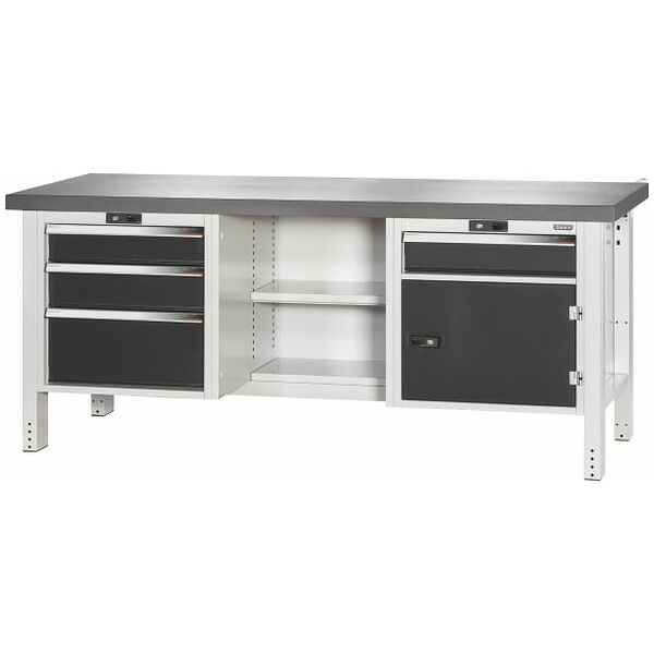 Workbench, left side 3 drawers, centre open, right side door and 1 drawer, Eluplan worktop, dark 2000 mm