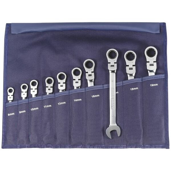 Open ended spanner / ratchet ring spanner set, in a tool wallet with swivel head 10