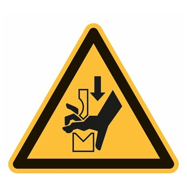 Varningsskyltar Varning för klämskador på handen mellan verktygen i en press 04200