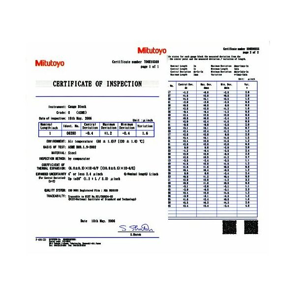 Cale étalon, métrique, certificat d'essai, ISO, classe 0, acier, 0,77 mm