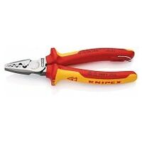 Crimping Pliers for wire ferrules insulated with multi-component grips, VDE-tested with integrated insulated tether attachment point for a tool tether 180 mm